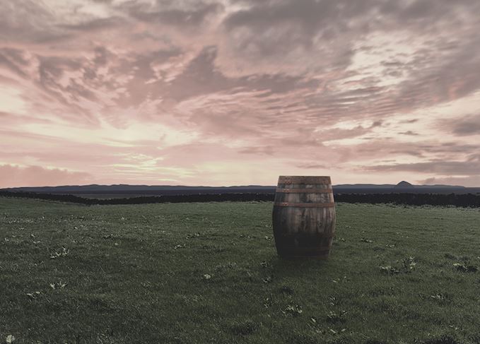 Lagg distillery cask and sunset