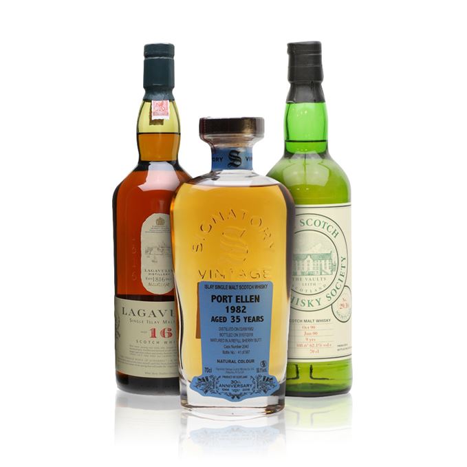 Lagavulin 16 Years Old, White Horse, Bottled c.1990s; Laphroaig 9 Years Old, Bottled 2000, 29.16 (SMWS); Port Ellen 35 Years Old, Bottled 2018 (Signatory 30th Anniversary)