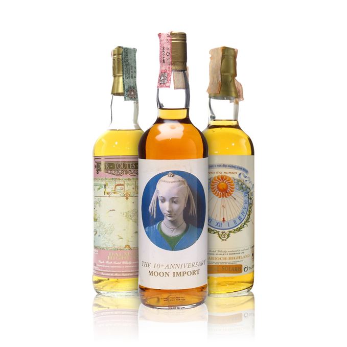 Dalmore 1980 Dovr-Toutes-Mares, Glen Garioch 1966 Horae Solaris, North British 1964 De Viris Illustribus, Moon Import