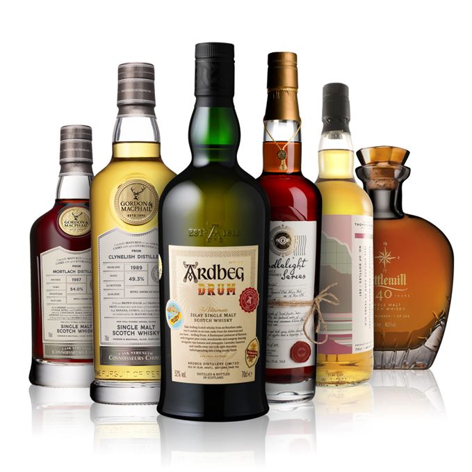 Ardbeg Drum, Mortlach 1998 from Whisky Illuminati and 1987 from Gordon & MacPhail's Connoisseur's Choice, Clynelish 1989 from Gordon & MacPhail's Connoisseur's Choice, Ben Nevis 22-year-old from Thompson Brothers and Littlemill 40-year-old.