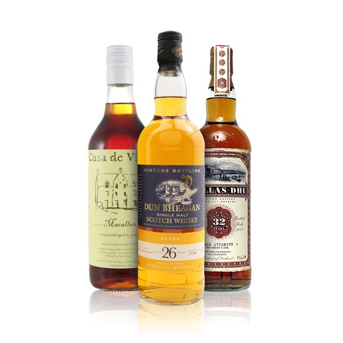 Dallas Dhu 32 Years Old, Old Train Line, Bottled 2007, (Jack Wiebers); Macallan 25 Years Old, Casa De Vinos, Bottled c.2000s (Malt Whisky Wholesaler Pty Ltd); Scapa 26 Years Old, Dun Bheagan, Bottled 2004 (William Maxwell & Co)