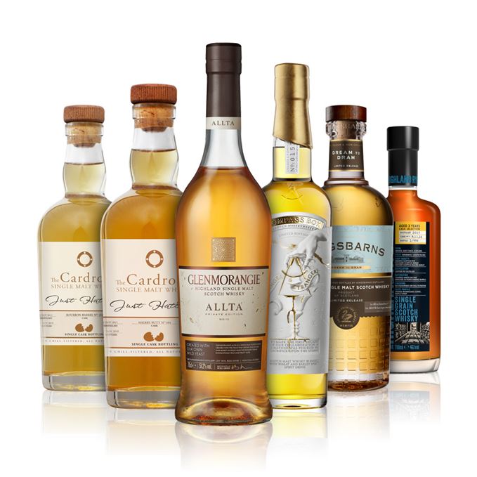 Arbikie Highland Rye, Cardrona Just Hatched ex-Bourbon, Cardrona Just Hatched ex-Sherry, Compass Box Stranger and Stranger, Glenmorangie Allta, Kingsbarns Dream to Dram. 