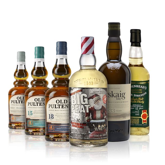 Big Peat Christmas 2018, Old Pulteneys Huddart, 15 and 18-year-olds, Port Askaig 33-year-old and Cadenhead's Old Pulteney 12