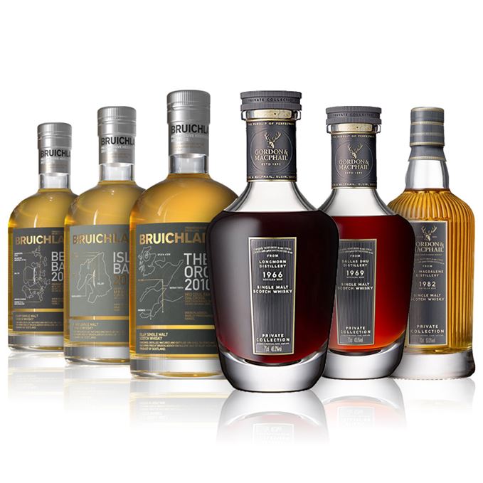 Bruichladdich Islay Barley, Bere Barley and 100% Organic, Gordon & MacPhail Longmorn, Dallas Dhu and St Magdalene Private Collection malts