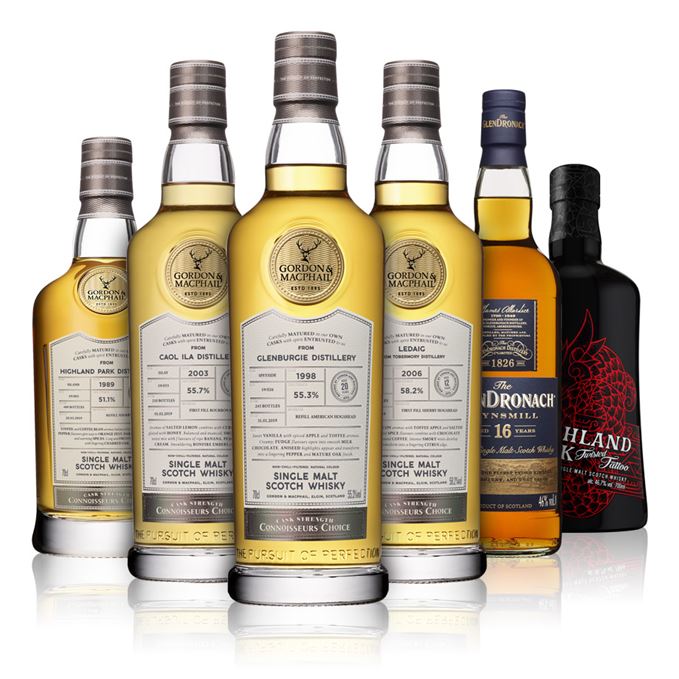 Caol Ila 16 Years Old, 2003, Connoisseurs Choice (Gordon & MacPhail); Glenburgie 21 Years Old, 1998, Connoisseurs Choice (Gordon & MacPhail); Ledaig 13 Years Old, 2006, Connoisseurs Choice (Gordon & MacPhail); Highland Park 30 Years Old, 1989, Connoisseurs Choice (Gordon & MacPhail); Highland Park Twisted Tattoo, 16 Years Old; GlenDronach Boynsmill 16 Years Old