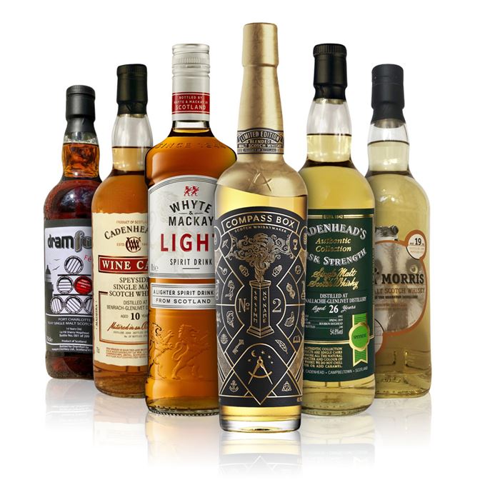 Benriach 10 Years Old, Madeira Hogshead (Cadenhead); No Name No. 2 (Compass Box); Deanston 19 Years Old (Asta Morris); GlenAllachie 26 Years Old (Cadenhead); Port Charlotte 14 Years Old (Dramfool); Light (Whyte & Mackay)