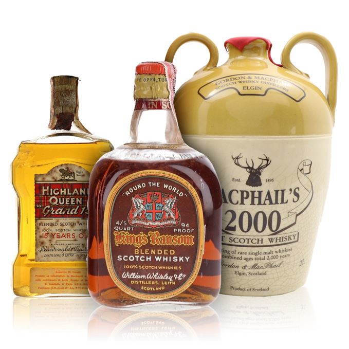 King's Ransom 'Round the World', Highland Queen 'Grand 15', MacPhail's 2000 2L decanter