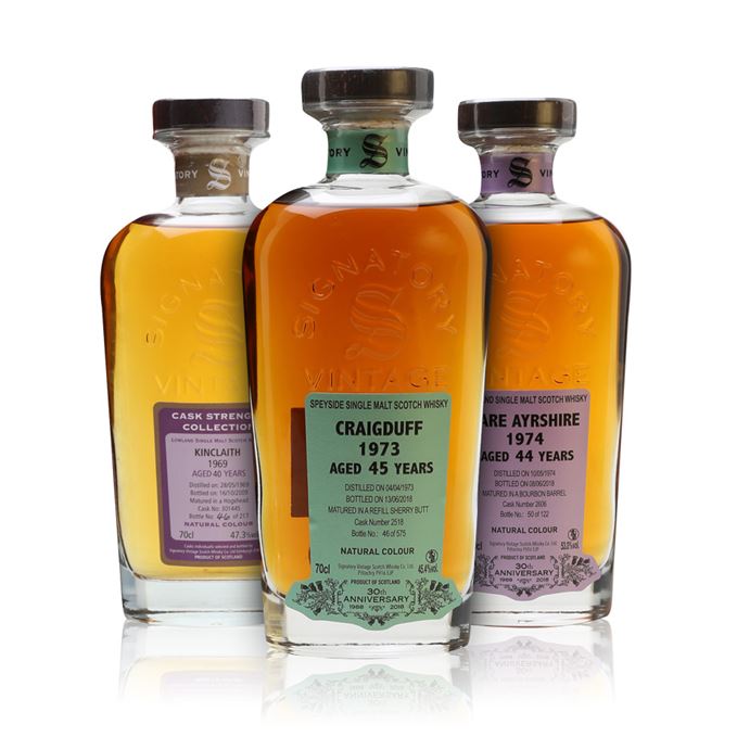 Craigduff 45 Years Old, Signatory 30th Anniversary (Signatory); Kinclaith 40 Years Old, Bottled 2009 (Signatory); Rare Ayrshire 44 Years Old, Signatory 30th Anniversary (Signatory)