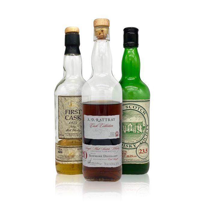 Bowmore 1991 20-year-old AD Rattray, Bruichladdich 1974 23.5 SMWS, Caol Ila 1974 23-year-old First Cask.
