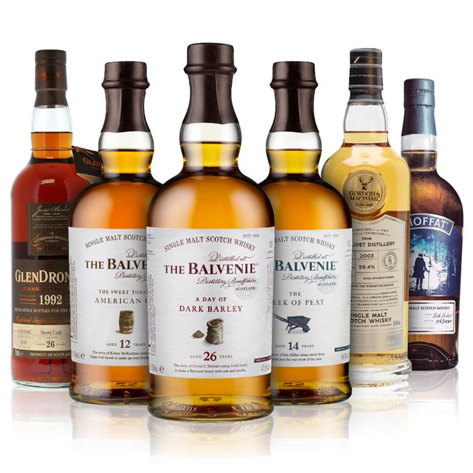 Balvenie 12 Years Old, The Sweet Toast of American Oak; Balvenie 14 Years Old, The Week of Peat; Balvenie 26 Years Old, A Day of Dark Barley; Glendronach 26 Years Old (The Whisky Shop); The Glenlivet 15 Years Old, (Gordon & MacPhail for The Whisky Exchange); The Moffat