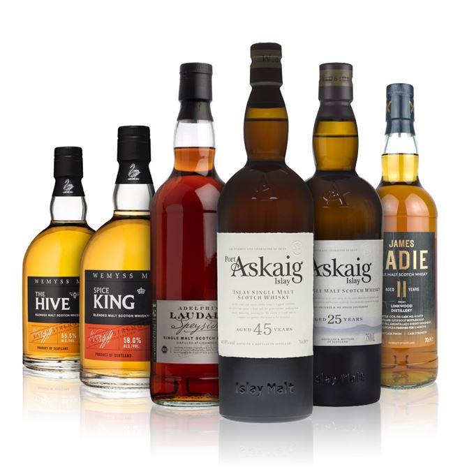 The Hive, Batch Strength, Batch No.002 (Wemyss Malts); Linkwood 12 Years Old, Laudale, Batch 2 (Adelphi); Linkwood 11 Years Old, Amontillado Finish (James Eadie); Port Askaig 25 Years Old (ImpEx Brands); Port Askaig 45 Years Old (ImpEx Brands); Spice King, Batch Strength, Batch No.002 (Wemyss Malts)