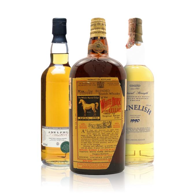 Aultmore 35 Years Old, Cask #3739, Bottled 2010 (Adelphi); Clynelish 8 Years Old, Cask #1015 and 1016, Bottled 1998 (Samaroli); White Horse, Bottled c.1940s for the US, Spring Cap