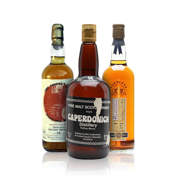 Bruichladdich 37 Years Old, Bottled 2003 (Duncan Taylor); Caperdonich 14 Years Old (Cadenhead); Dailuaine 16 Years Old (Cooper’s Choice)